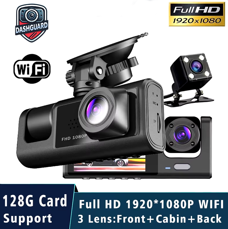 DashGuard Pro - 3 Channel Dash Camera with WiFi, 1080P HD and up to 64GB SD Card